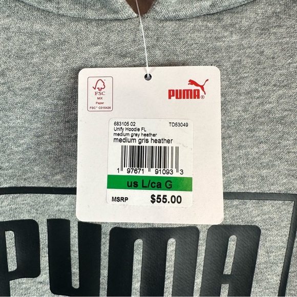 NWT Puma Gray fleece unify hoodie Sweatshirt Athletic Style sz mens large - Picture 3 of 7